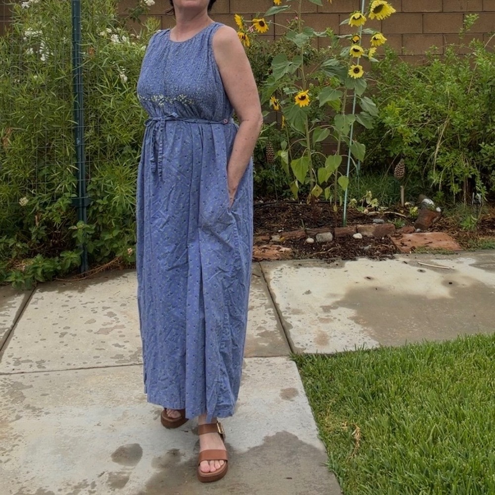 Vintage Blue Floral Embroidered Smocked Maxi Dress Pockets Pudding Shop Size 3